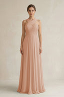Cross Halter Chiffon A - Line Pleated Bridesmaid Dress in Champagne Rose - SHE IS ME Bridesmaid Dresses