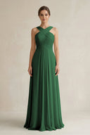 Cross Halter Chiffon A - Line Pleated Bridesmaid Dress in Dark Green - SHE IS ME Bridesmaid Dresses