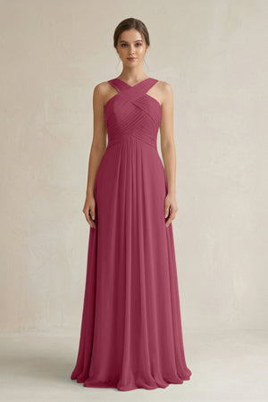 Cross Halter Chiffon A - Line Pleated Bridesmaid Dress in Desert Rose - SHE IS ME Bridesmaid Dresses