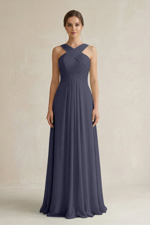 Cross Halter Chiffon A - Line Pleated Bridesmaid Dress in Dusk Blue - SHE IS ME Bridesmaid Dresses