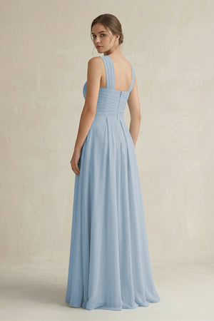 Cross Halter Chiffon A - Line Pleated Bridesmaid Dress in Dusty Blue - SHE IS ME Bridesmaid Dresses
