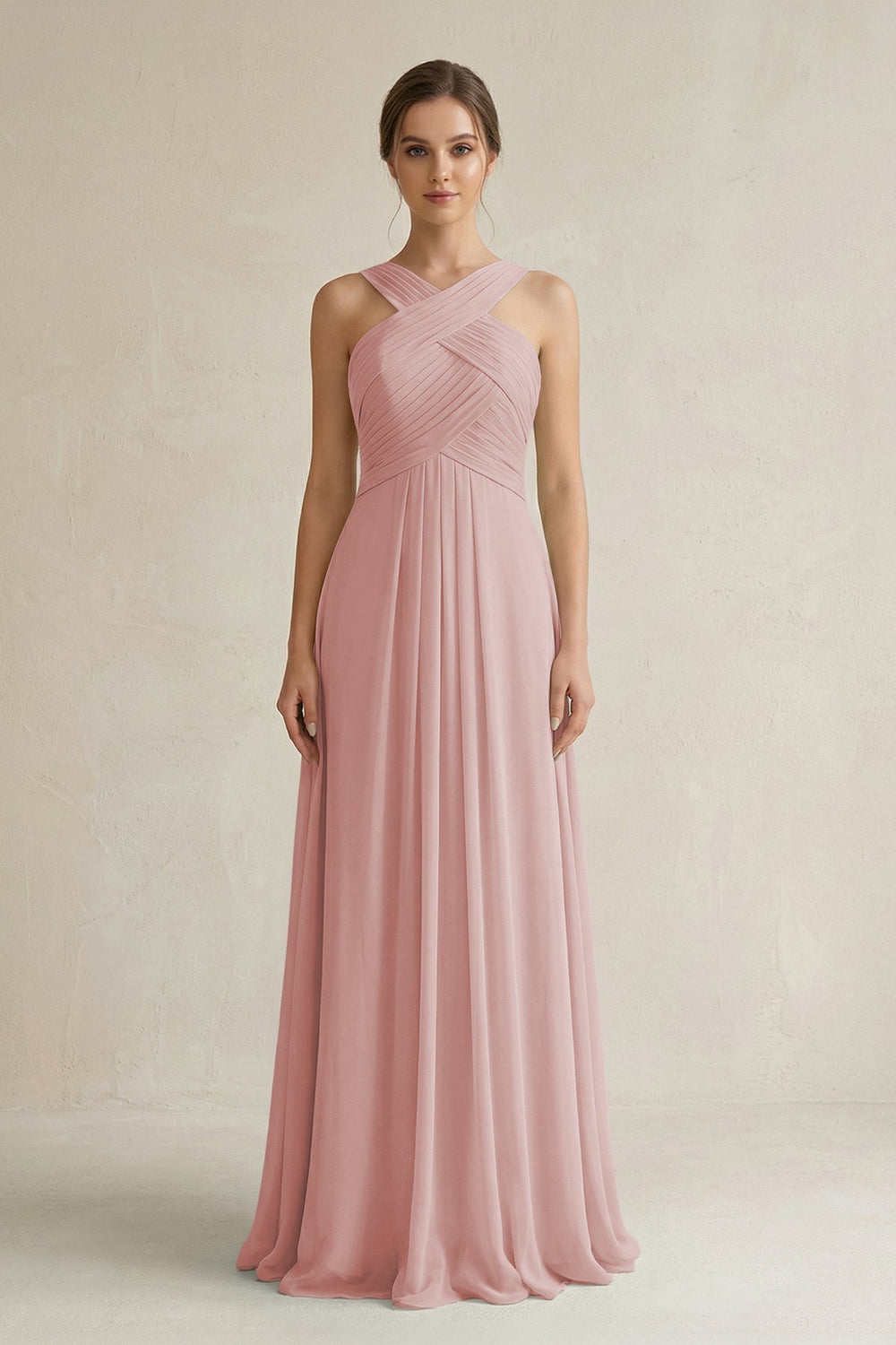 Cross Halter Chiffon A - Line Pleated Bridesmaid Dress in Dusty Rose - SHE IS ME Bridesmaid Dresses