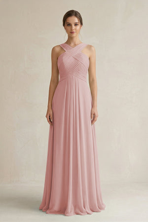 Cross Halter Chiffon A - Line Pleated Bridesmaid Dress in Dusty Rose - SHE IS ME Bridesmaid Dresses
