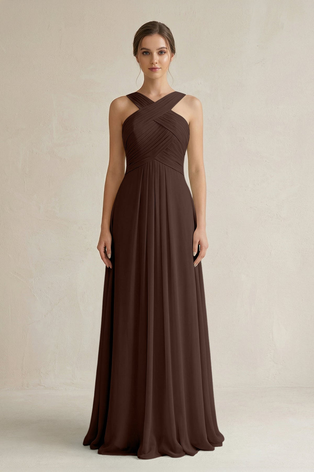 Cross Halter Chiffon A - Line Pleated Bridesmaid Dress in Espresso - SHE IS ME Bridesmaid Dresses