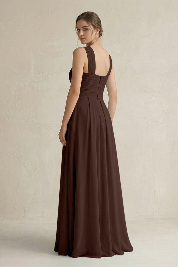 Cross Halter Chiffon A - Line Pleated Bridesmaid Dress in Espresso - SHE IS ME Bridesmaid Dresses