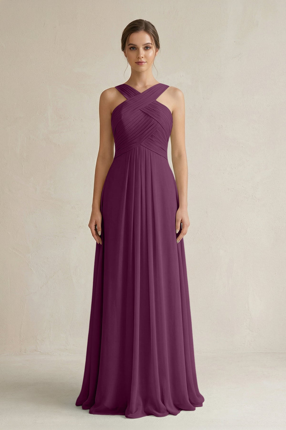 Cross Halter Chiffon A - Line Pleated Bridesmaid Dress in Fig - SHE IS ME Bridesmaid Dresses