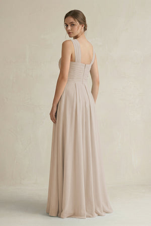 Cross Halter Chiffon A - Line Pleated Bridesmaid Dress in Frost - SHE IS ME Bridesmaid Dresses