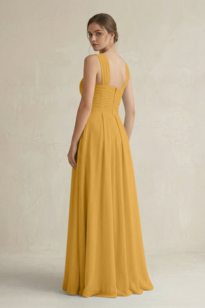 Cross Halter Chiffon A - Line Pleated Bridesmaid Dress in Marigold - SHE IS ME Bridesmaid Dresses