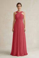 Cross Halter Chiffon A - Line Pleated Bridesmaid Dress in Merlot - SHE IS ME Bridesmaid Dresses