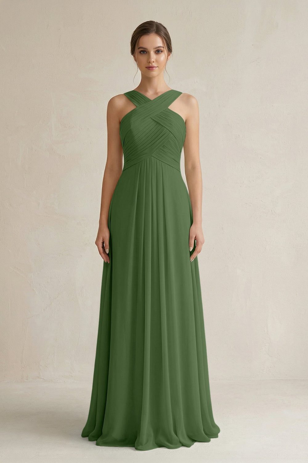 Cross Halter Chiffon A - Line Pleated Bridesmaid Dress in Moss - SHE IS ME Bridesmaid Dresses