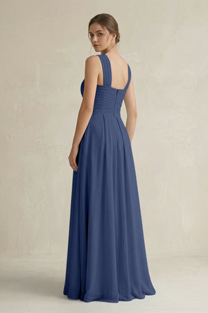 Cross Halter Chiffon A - Line Pleated Bridesmaid Dress in Navy - SHE IS ME Bridesmaid Dresses