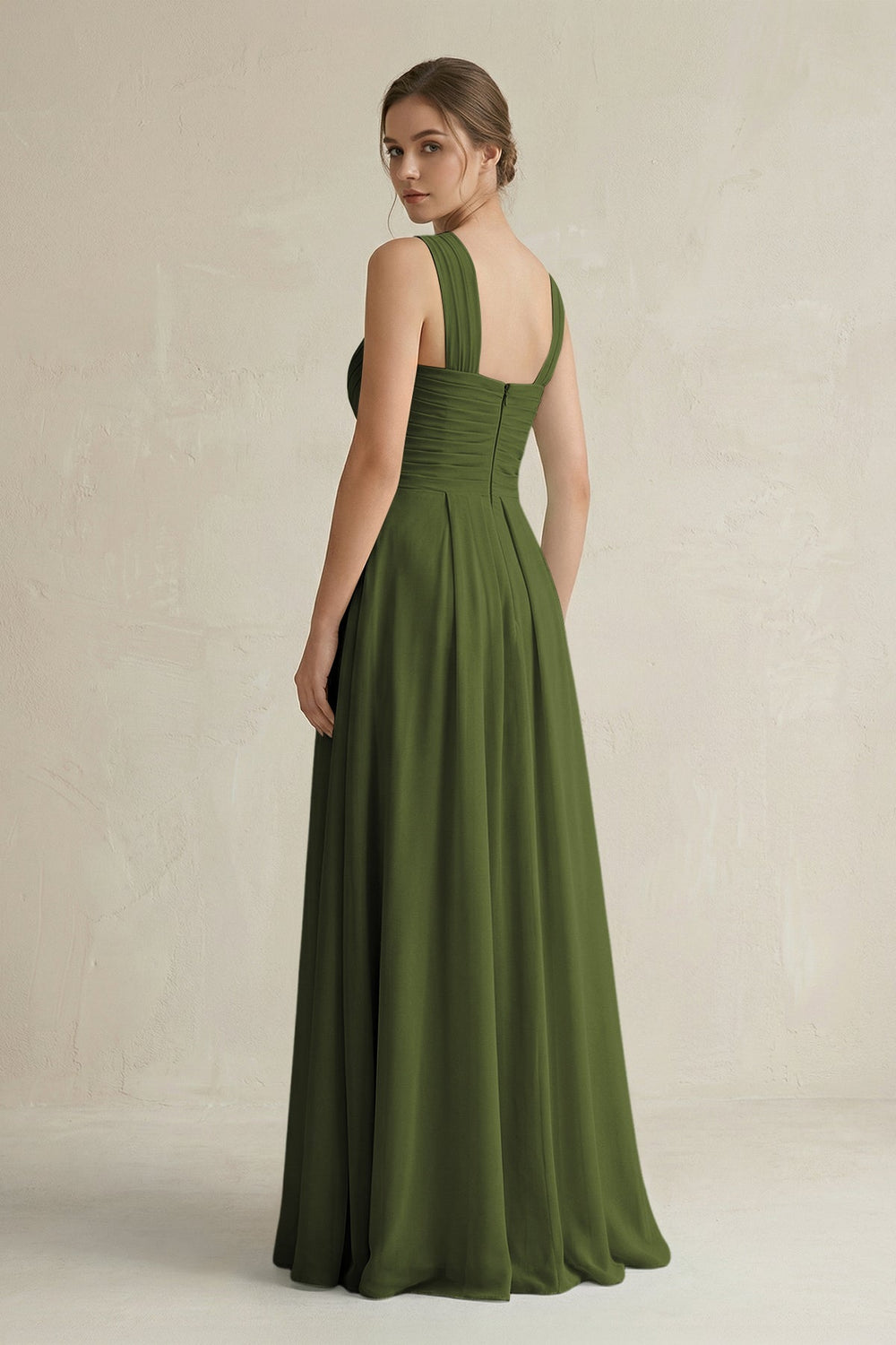 Cross Halter Chiffon A - Line Pleated Bridesmaid Dress in Olive - SHE IS ME Bridesmaid Dresses