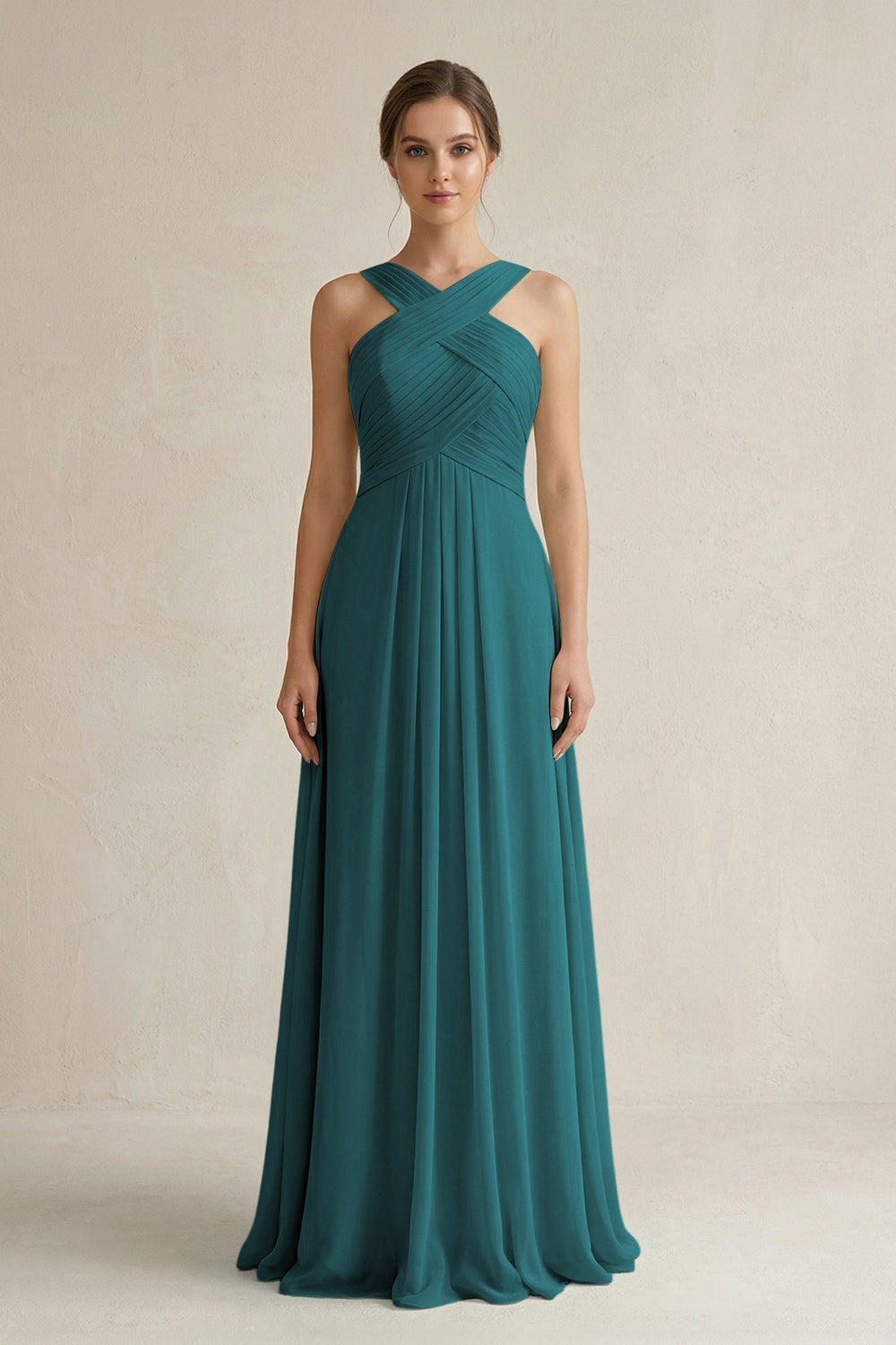Cross Halter Chiffon A - Line Pleated Bridesmaid Dress in Pine - SHE IS ME Bridesmaid Dresses