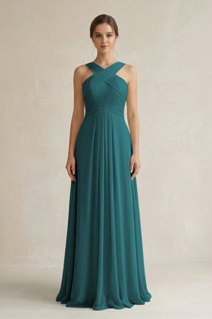 Cross Halter Chiffon A - Line Pleated Bridesmaid Dress in Pine - SHE IS ME Bridesmaid Dresses