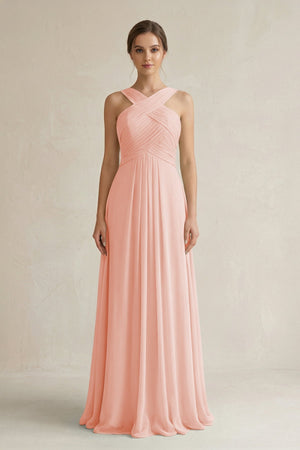 Cross Halter Chiffon A - Line Pleated Bridesmaid Dress in Rose Petal - SHE IS ME Bridesmaid Dresses