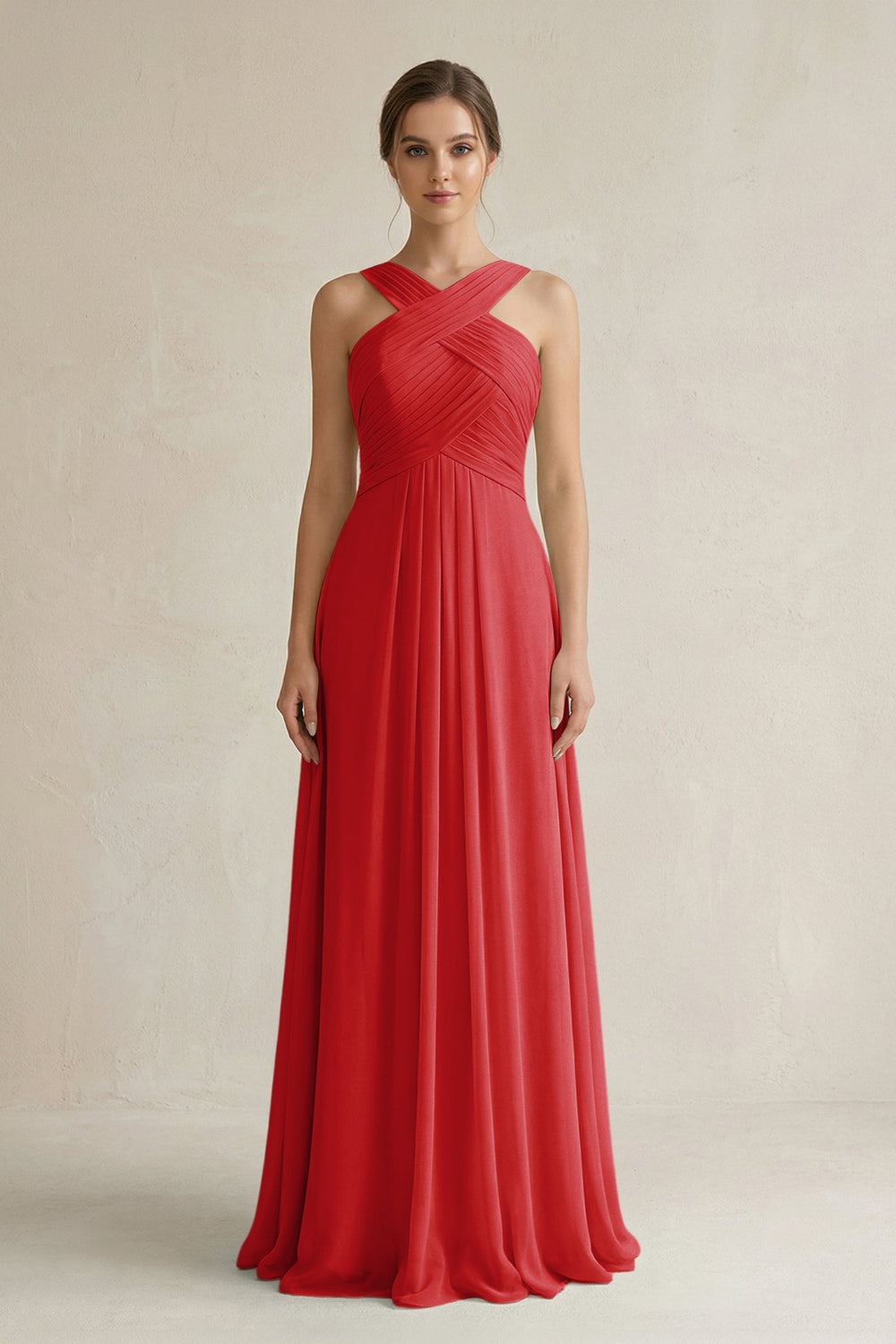 Cross Halter Chiffon A - Line Pleated Bridesmaid Dress in Ruby Red - SHE IS ME Bridesmaid Dresses