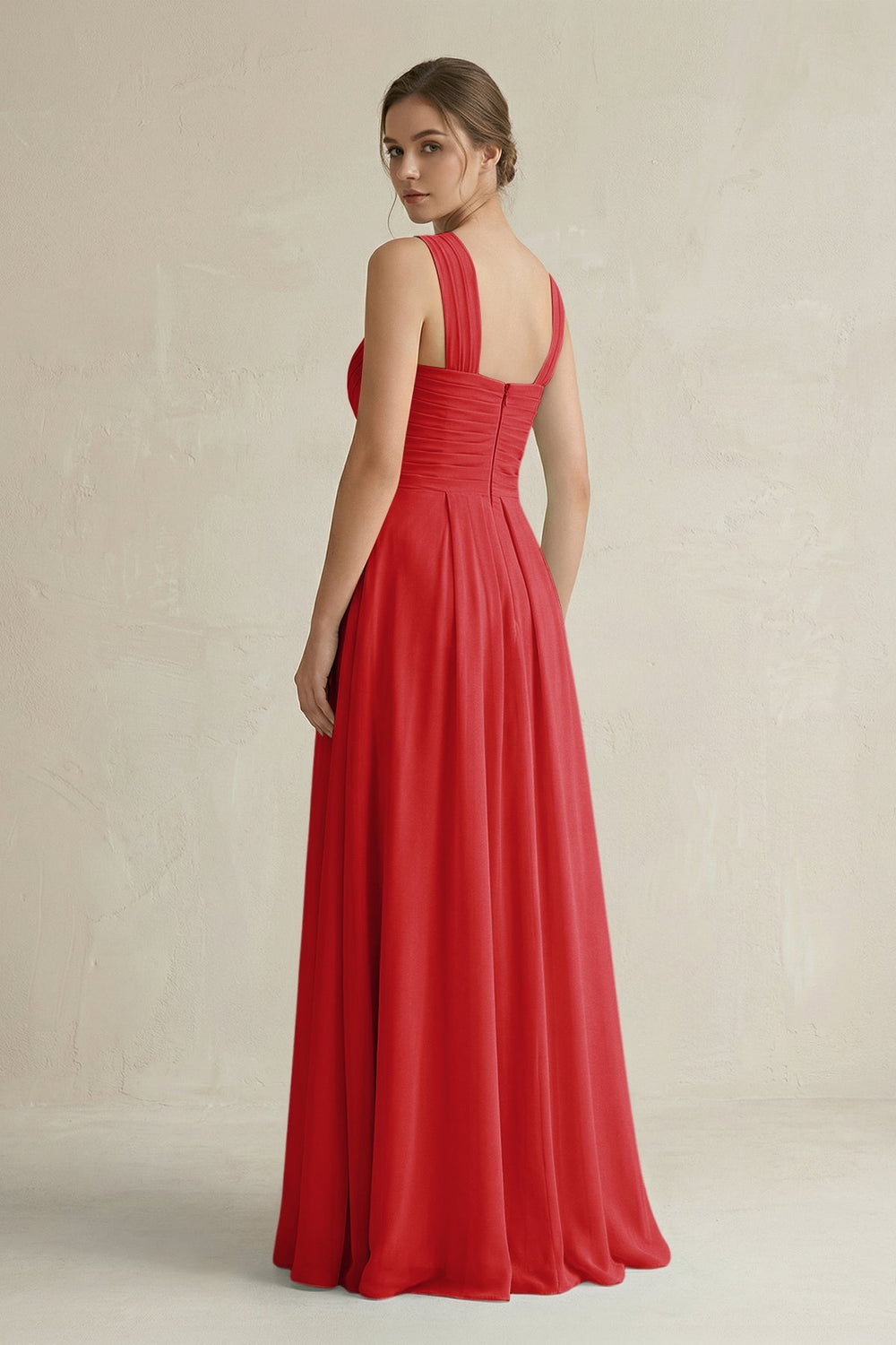 Cross Halter Chiffon A - Line Pleated Bridesmaid Dress in Ruby Red - SHE IS ME Bridesmaid Dresses