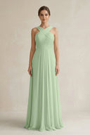 Cross Halter Chiffon A - Line Pleated Bridesmaid Dress in Sage - SHE IS ME Bridesmaid Dresses
