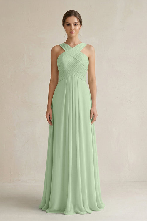 Cross Halter Chiffon A - Line Pleated Bridesmaid Dress in Sage - SHE IS ME Bridesmaid Dresses