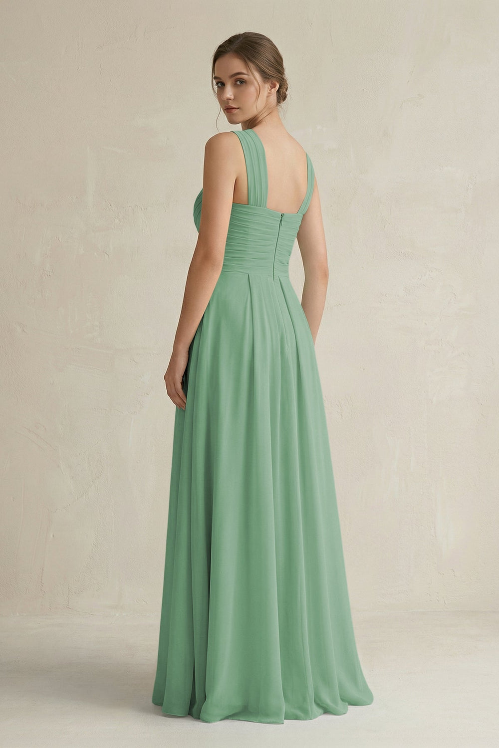 Cross Halter Chiffon A - Line Pleated Bridesmaid Dress in Sea Glass - SHE IS ME Bridesmaid Dresses