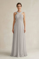 Cross Halter Chiffon A - Line Pleated Bridesmaid Dress in Silver - SHE IS ME Bridesmaid Dresses