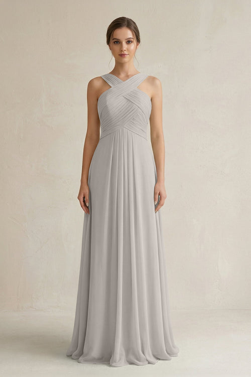 Cross Halter Chiffon A - Line Pleated Bridesmaid Dress in Silver - SHE IS ME Bridesmaid Dresses