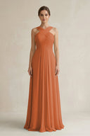 Cross Halter Chiffon A - Line Pleated Bridesmaid Dress in Terracotta - SHE IS ME Bridesmaid Dresses