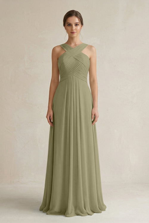 Cross Halter Chiffon A - Line Pleated Bridesmaid Dress in Thyme - SHE IS ME Bridesmaid Dresses