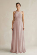 Cross Halter Chiffon A - Line Pleated Bridesmaid Dress in Toffee - SHE IS ME Bridesmaid Dresses
