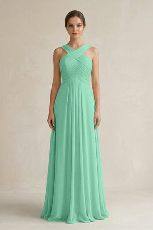 Cross Halter Chiffon A - Line Pleated Bridesmaid Dress in Turquoise - SHE IS ME Bridesmaid Dresses
