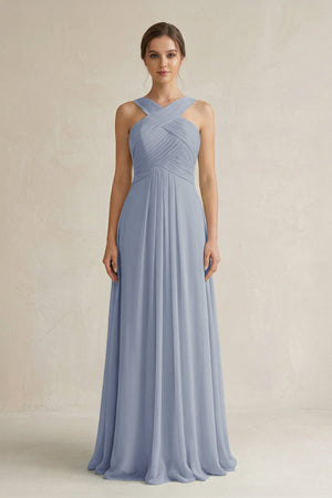 Cross Halter Chiffon A - Line Pleated Bridesmaid Dress in Twilight - SHE IS ME Bridesmaid Dresses
