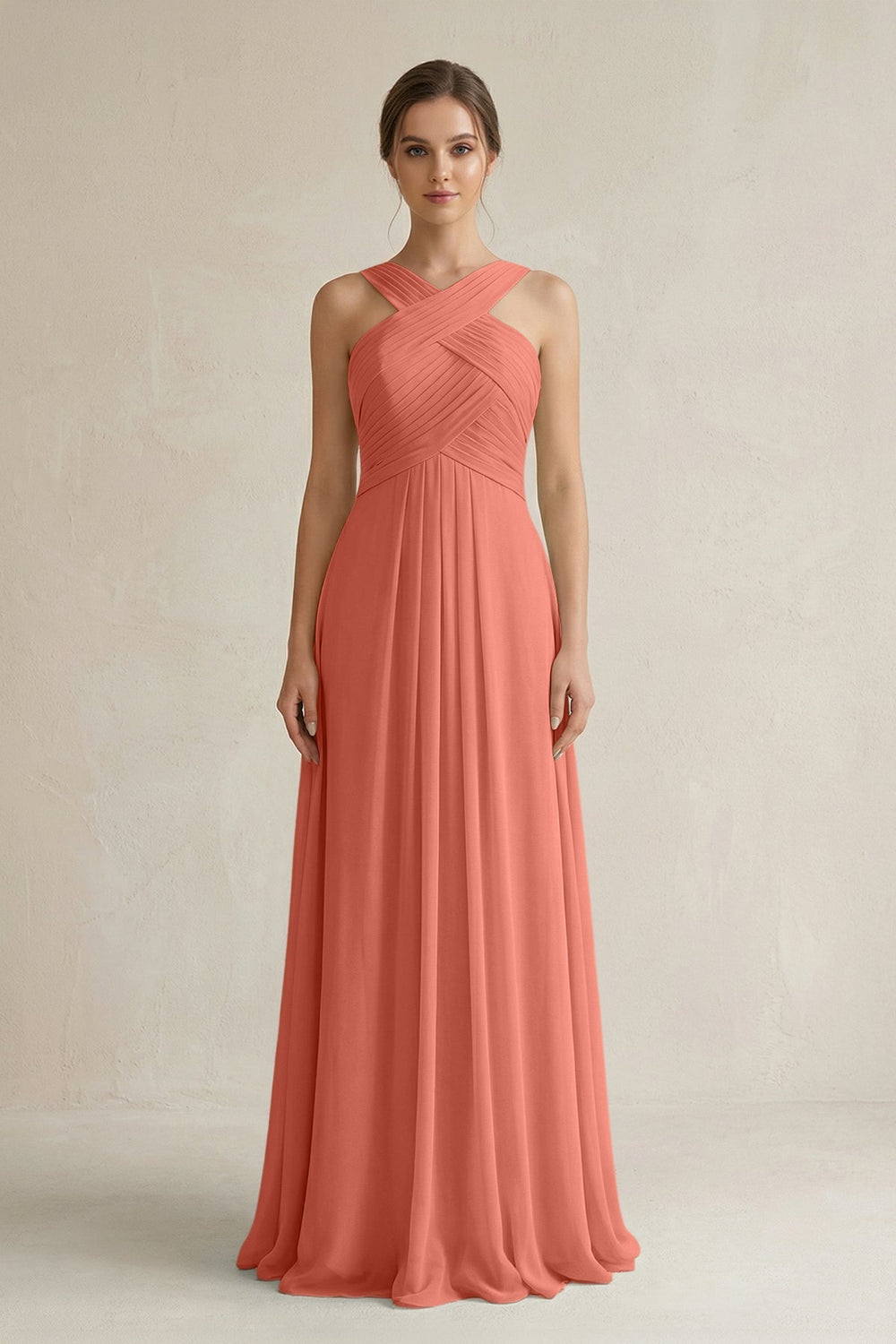 Cross Halter Chiffon A - Line Pleated Bridesmaid Dress in Wild Rose - SHE IS ME Bridesmaid Dresses