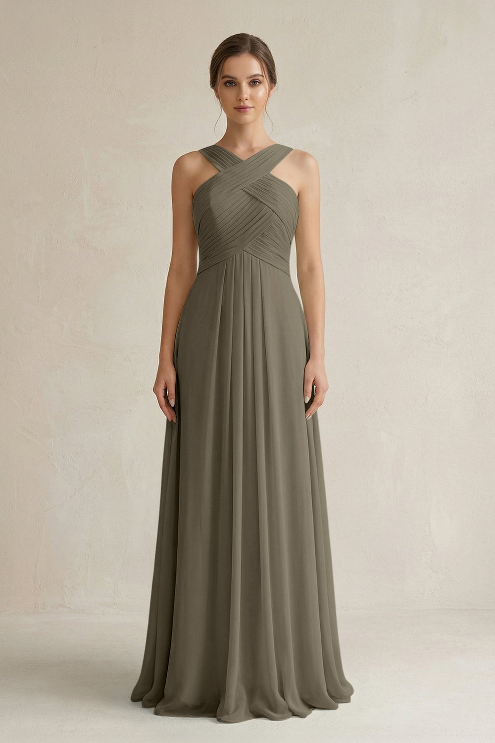 Cross Halter Chiffon A - Line Pleated Bridesmaid Dress in Willow Green - SHE IS ME Bridesmaid Dresses
