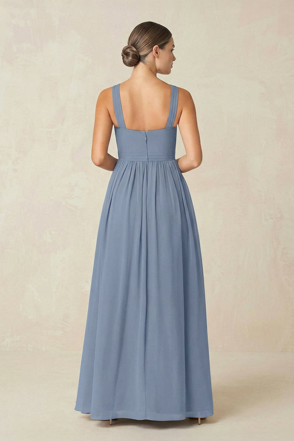 Cross Halter Neck Chiffon A-Line Bridesmaid Dress With Slit in Neptune - SHE IS ME BRIDESMAID DRESSES