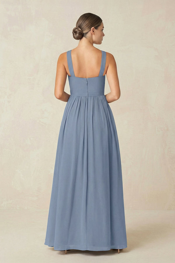 Cross Halter Neck Chiffon A-Line Bridesmaid Dress With Slit in Neptune - SHE IS ME BRIDESMAID DRESSES