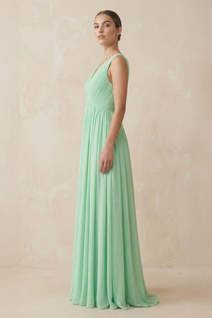 Deep V-Neck Pleated A-Line Chiffon Bridesmaid Dress in Pale Pistachio - SHE IS ME BRIDESMAID DRESSES