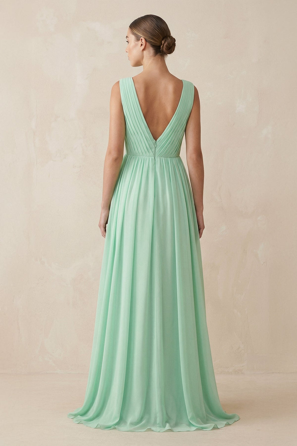 Deep V-Neck Pleated A-Line Chiffon Bridesmaid Dress in Pale Pistachio - SHE IS ME BRIDESMAID DRESSES