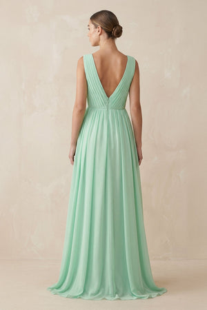 Deep V-Neck Pleated A-Line Chiffon Bridesmaid Dress in Pale Pistachio - SHE IS ME BRIDESMAID DRESSES