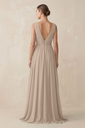 Deep V - Neck Pleated A - Line Chiffon Bridesmaid Dress in Almond - SHE IS ME Bridesmaid Dresses