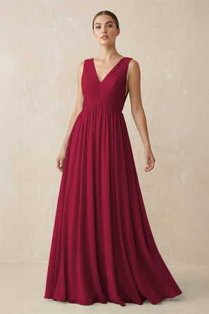 Deep V - Neck Pleated A - Line Chiffon Bridesmaid Dress in Berry - SHE IS ME Bridesmaid Dresses
