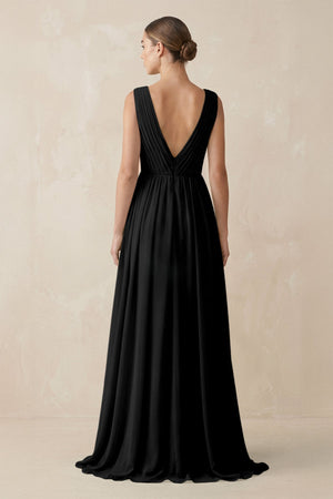 Deep V - Neck Pleated A - Line Chiffon Bridesmaid Dress in Black - SHE IS ME Bridesmaid Dresses