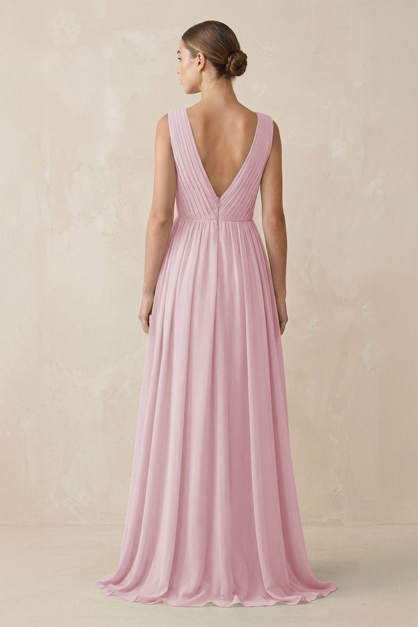 Deep V - Neck Pleated A - Line Chiffon Bridesmaid Dress in Candy Pink - SHE IS ME Bridesmaid Dresses