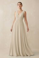 Deep V - Neck Pleated A - Line Chiffon Bridesmaid Dress in Champagne - SHE IS ME Bridesmaid Dresses