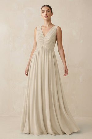 Deep V - Neck Pleated A - Line Chiffon Bridesmaid Dress in Champagne - SHE IS ME Bridesmaid Dresses
