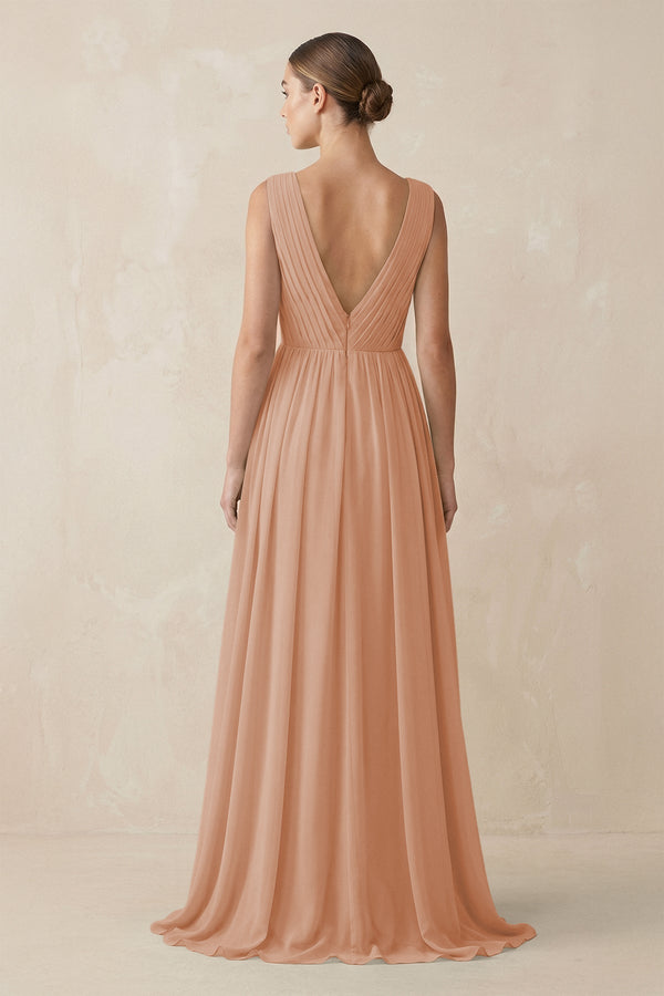 Deep V - Neck Pleated A - Line Chiffon Bridesmaid Dress in Champagne Rose - SHE IS ME Bridesmaid Dresses