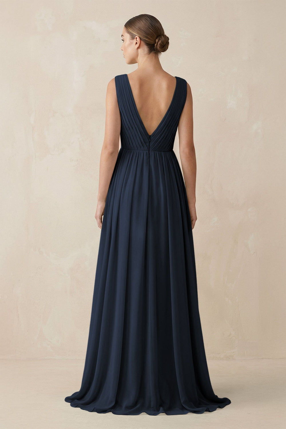 Deep V - Neck Pleated A - Line Chiffon Bridesmaid Dress in Dark Navy - SHE IS ME Bridesmaid Dresses