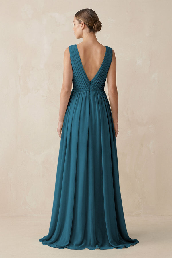 Deep V - Neck Pleated A - Line Chiffon Bridesmaid Dress in Dark Teal - SHE IS ME Bridesmaid Dresses