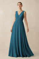 Deep V - Neck Pleated A - Line Chiffon Bridesmaid Dress in Dark Teal - SHE IS ME Bridesmaid Dresses