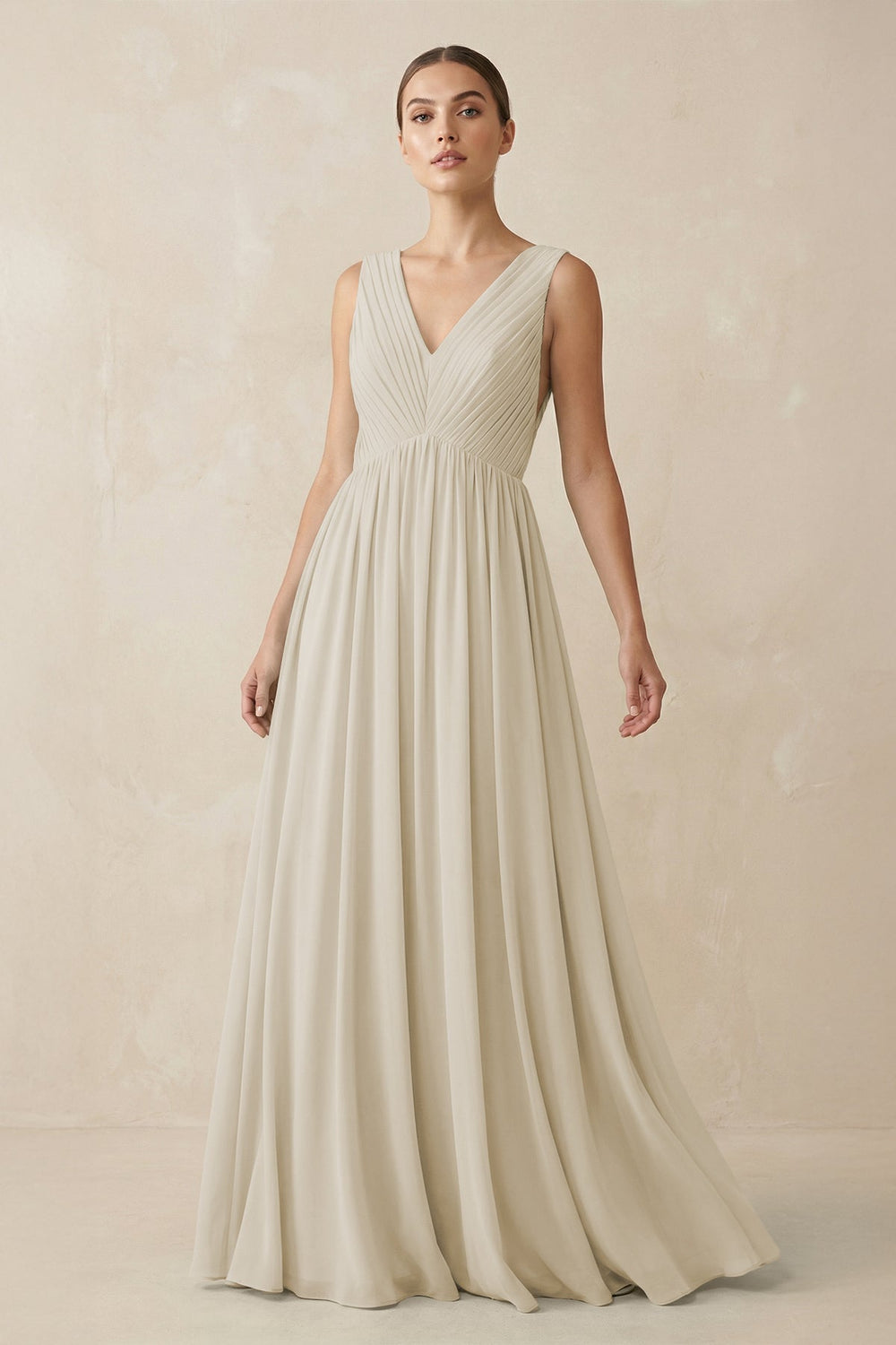 Deep V - Neck Pleated A - Line Chiffon Bridesmaid Dress in Dove Gray - SHE IS ME Bridesmaid Dresses