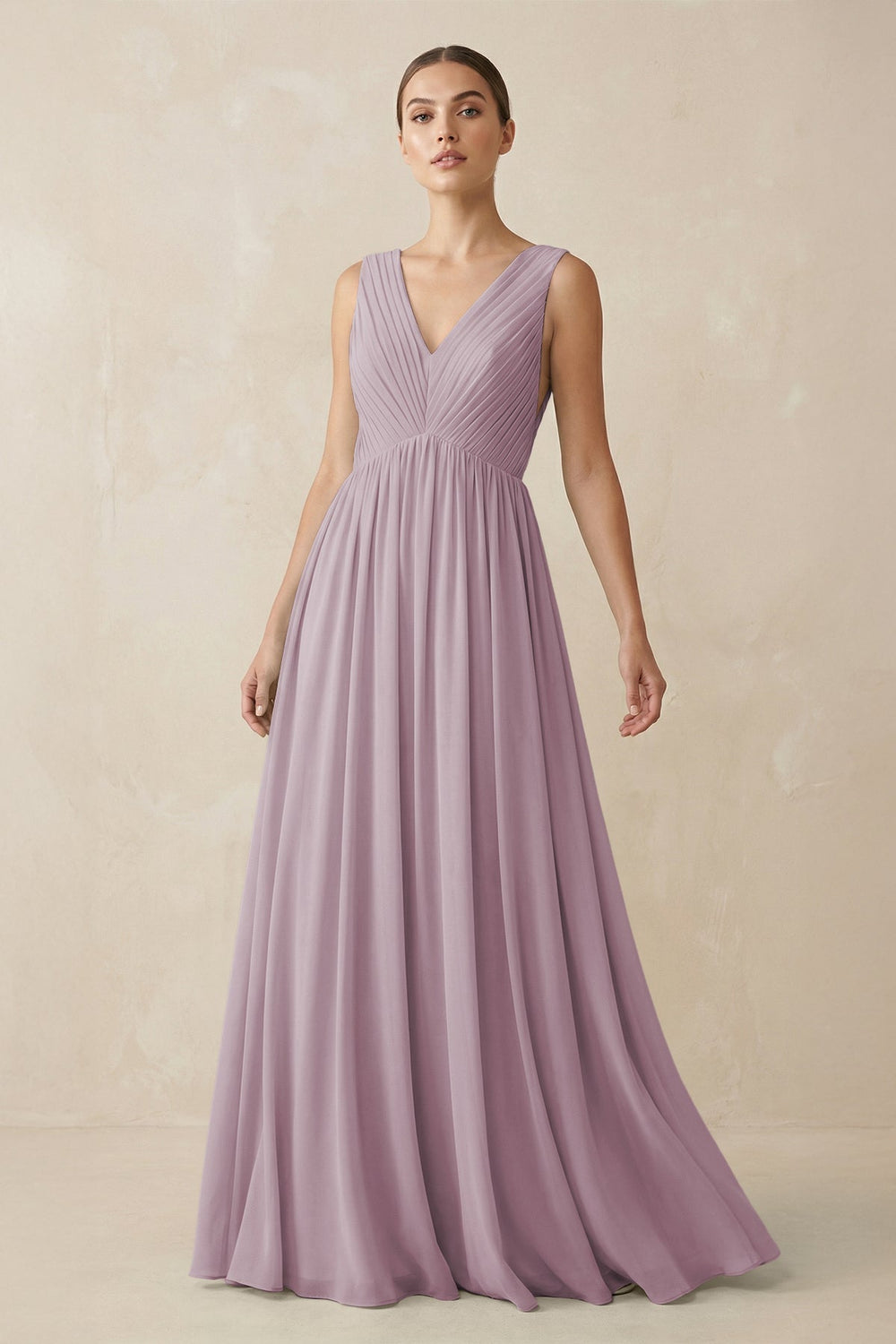 Deep V - Neck Pleated A - Line Chiffon Bridesmaid Dress in Dusk - SHE IS ME Bridesmaid Dresses